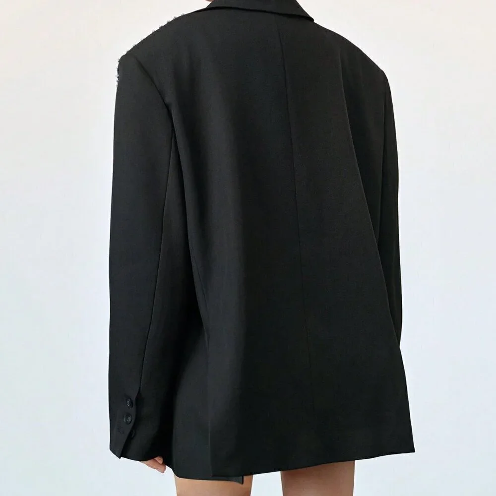 Black Elegant Formal Women's Oversized Rhinestone detailed Blazer